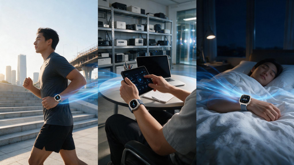 Smartwatch supporting fitness tracking, workplace productivity, and sleep monitoring throughout a full day of use.